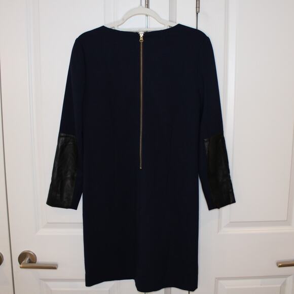 J.CREW Faux Leather Trim Navy Blue Black Zip Pocket Straight Dress | 4 - Picture 9 of 14